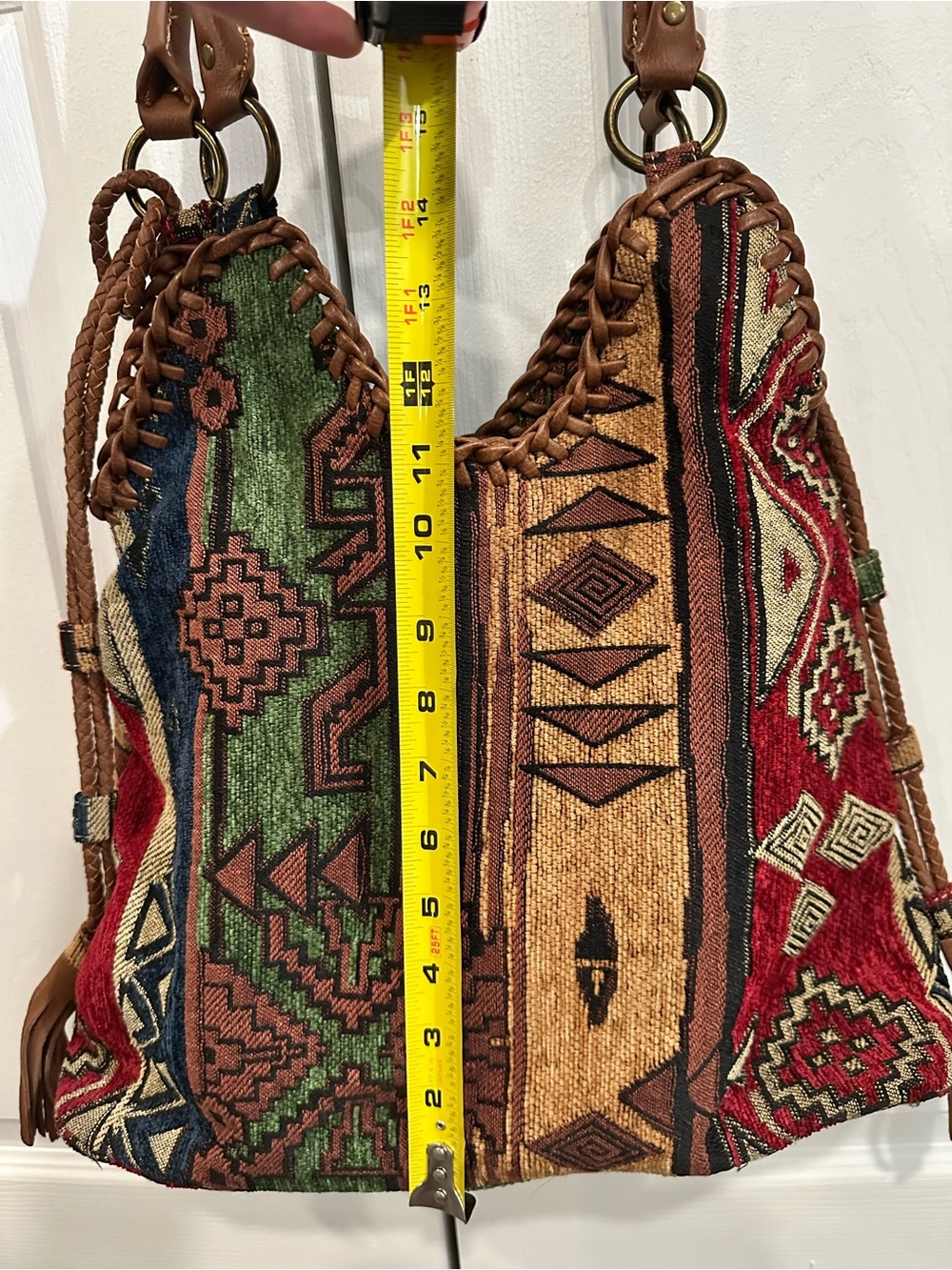Bohemian Woven Shoulder Bag in Red, Green & Tan - Picture 4 of 9